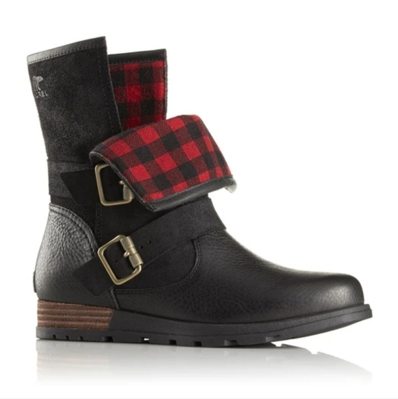 Sorel Major Moto Black Leather Red Buffalo Check Plaid Foldover Buckle Boots 8 - Picture 1 of 7